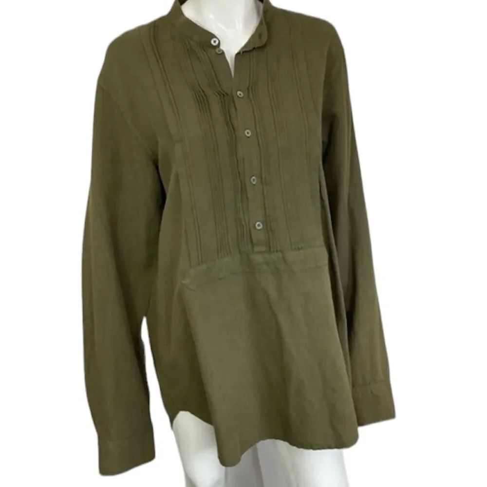 Marc Jacobs Olive Green Linen Blend Long Sleeve Half Button Pleated Tunic XL